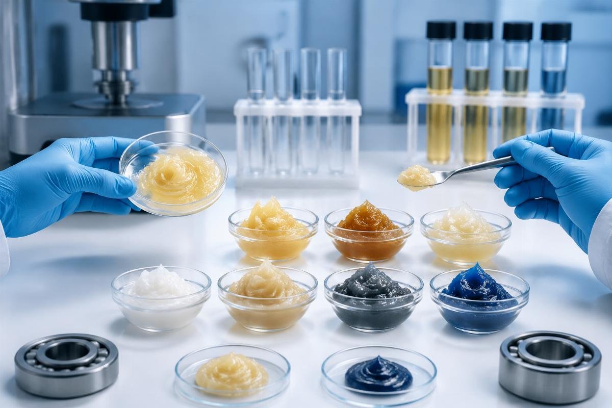 Grease compatibility check workflow showing thickener type comparison and NLGI grade matching