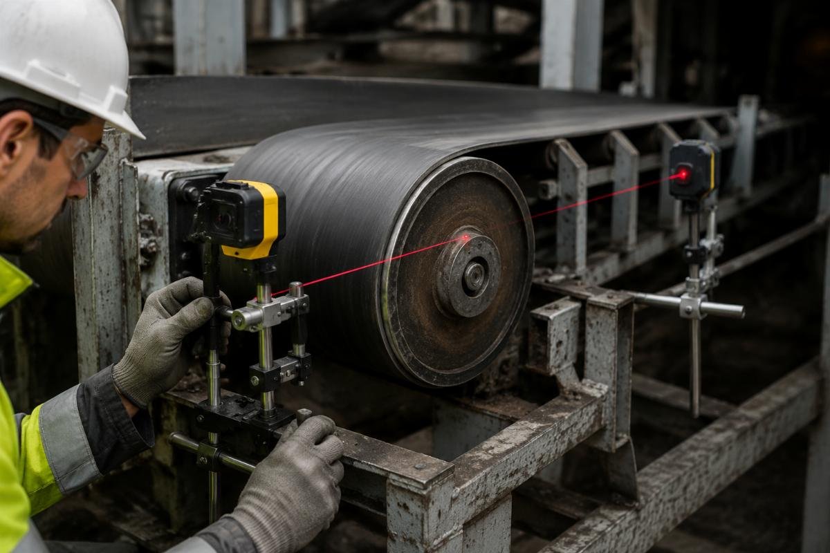 Laser alignment tool mounted on conveyor pulley during EU retrofit installation