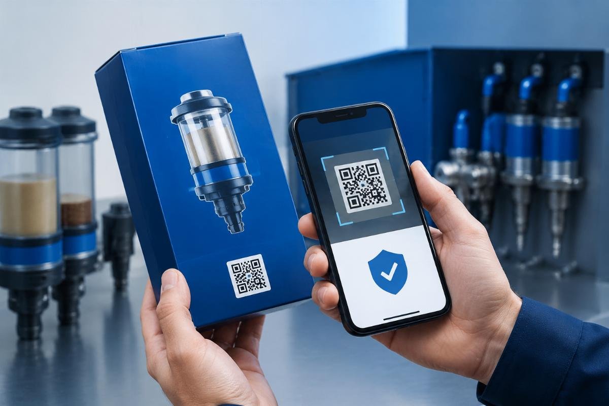 QR code scanning process on SKF lubricator packaging with authenticity verification app interface